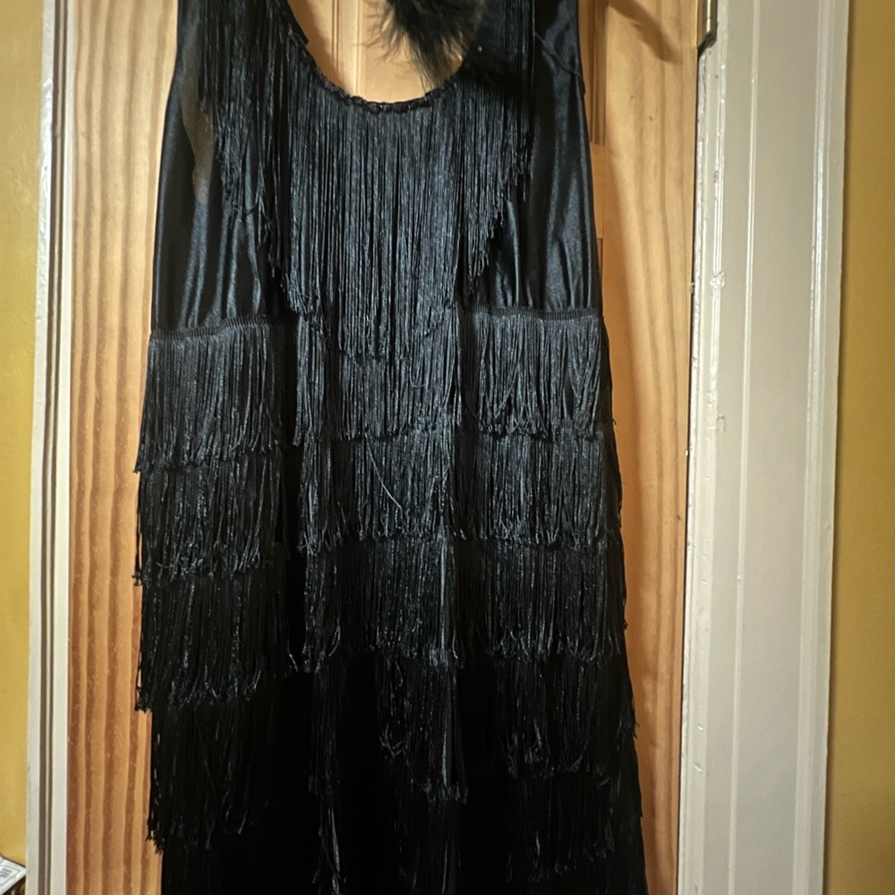 Plus size Black Fringe roaring 20’s costume Dress and head piece.